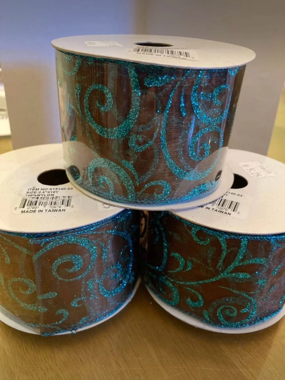 Turquoise Glitter Swirl Wired Ribbon - Brown Base
